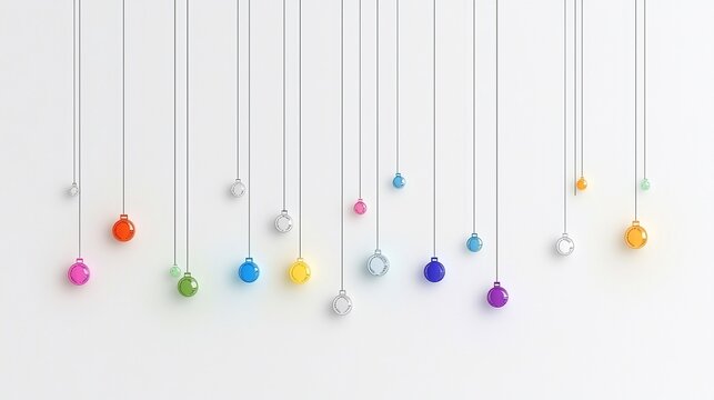 Colorful Spheres Hanging on Strings Against a White Background