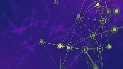 Poster - Neon-green hexagonal network icons connecting on purple gradient, showing data flow in flat design