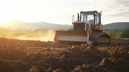 Poster - Autonomous bulldozer grading dirt at a construction site, guided by GPS and sensors