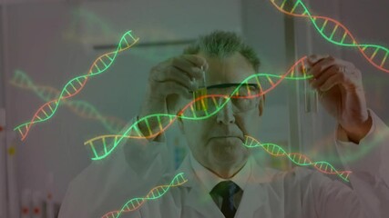 Poster - Senior man scientist comparing glass vials in laboratory, with floating DNA helix graphics