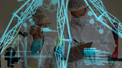 Poster - Female scientist using pipette, male scientist recording lab data showing molecular data overlays