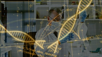 Poster - Senior male scientist handling pipette and vial in research lab, featuring holographic DNA visuals