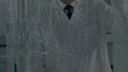 Poster - Senior scientist in lab coat and tie analyzing data in technology lab, with digital network overlay
