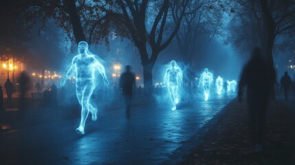 Poster - In a dimly lit park, ethereal figures representing holographic avatars move purposefully along a path, merging the concepts of identity, cyberspace, and posthuman existence.