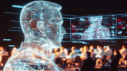 Poster - A vibrant hologram represents a human figure in a meeting filled with virtual avatars, exploring the concepts of identity and governance in a technologically advanced future.
