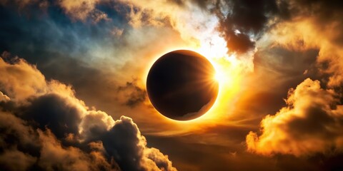 Wall Mural - A partial solar eclipse on a cloudy sky with visible sunspots on its surface , clouds, celestial body