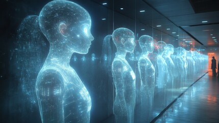 Poster - In a sleek, modern environment, holographic avatars line the walls, representing diverse identities in a posthuman world governed by AI, blurring the lines of reality and virtual life.
