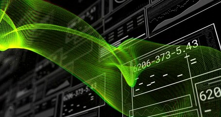 Poster - Translucent green mesh waveform flowing across dashboard interface, showing schematic data panels