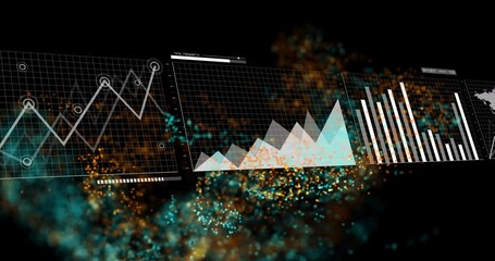 Poster - Translucent data panels being animated, floating and showing charts with teal and orange particles