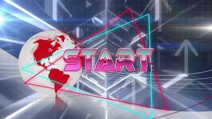 Aufkleber - 3d render showing rotating pink start text hovering over globe with neon triangles and arrows