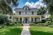 © Shahida - Exterior view of two story gray house with blue front door and green lawn