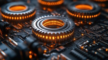 Poster - Illuminated Gears on Circuit Board: A Technological Marvel