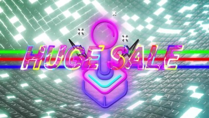 Poster - Neon HUGE SALE text glitching behind stylized joystick icon streaming across curved metallic grid