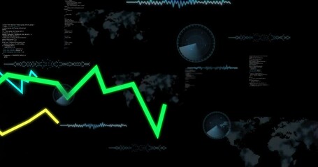 Poster - Neon green and yellow zigzag lines cutting black GUI, showing code blocks, radar scopes, world map