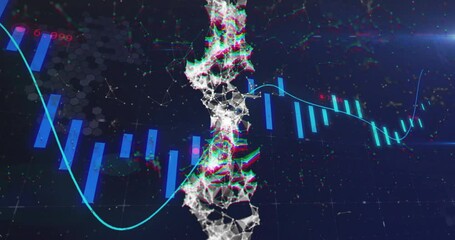 Poster - Digital finance visualization showing neon particle column, featuring floating candlestick bars