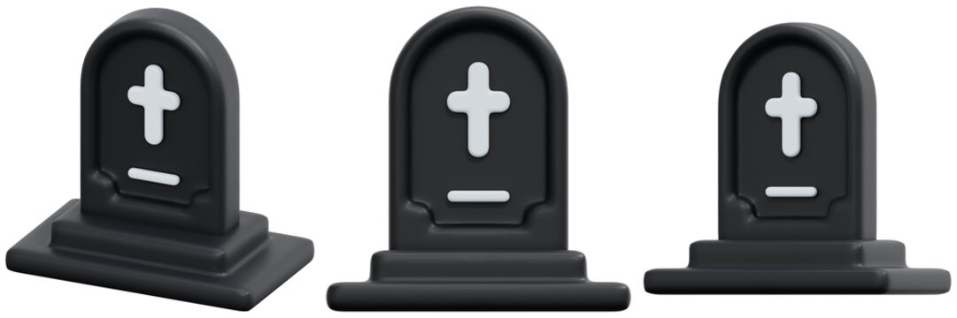 Set of Black Tombstones with White Crosses 3d Render Icon Illustration