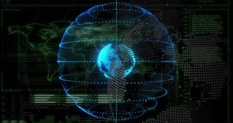 Poster - Holographic globe glowing at center in 3D render, featuring spiraling data rings, binary streams