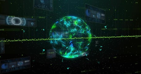 Poster - Triangular network globe floating in dark void showing glowing data streams and chart panels
