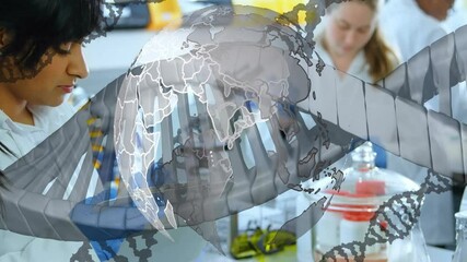 Aufkleber - Research scientists collaborating at lab bench, showing floating globe and DNA helix graphics
