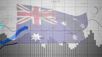 Poster - Australian flag overlaying financial dashboard showing rising bar charts line graphs numeric dials