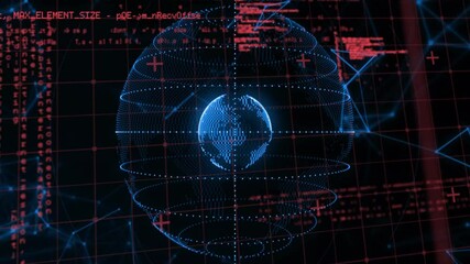  - Central blue matrix globe glowing in red grid overlay, floating code fragments and network lines
