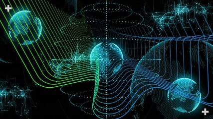 Poster - Connecting transparent dotted globes with neon green and blue curved lines in digital flat design