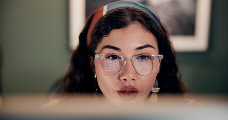 Poster - Business, woman and reading on computer in office of research, feedback email and financial report. Female person, glasses and online for budget review, finance information and data entry of proposal