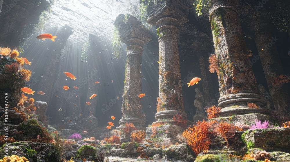 Underwater ruins with school of fish and ancient stone pillars lit by ...