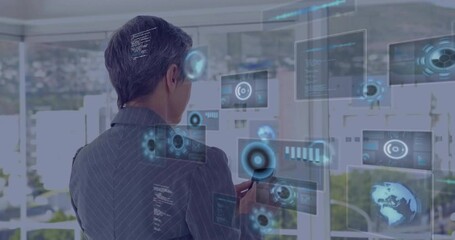 Poster - woman interacting with technology panels at window showing circular graphs snippets charts globe