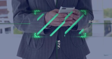 Poster - Senior professional standing in office, tapping smartphone, displaying technology digital overlay