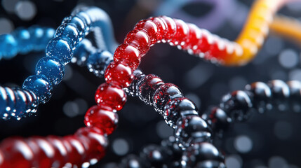 Poster - Colorful strands of DNA intertwine in vibrant display, symbolizing complexity and beauty of genetic science. image captures essence of biotechnology and medical breakthroughs