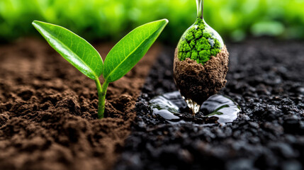 Poster - Young plant grows in rich soil beside droplet containing earth and greenery, symbolizing growth and environmental care. vibrant green leaves contrast with dark, fertile ground