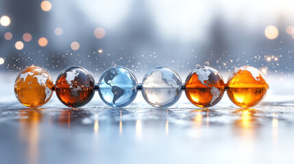 Poster - Row of glass globes with world maps inside, each in different colors, reflects light on smooth surface, symbolizing global connectivity and diversity