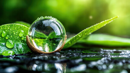 Poster - Crystal clear water droplet rests on vibrant green leaves, reflecting lush surroundings. scene captures essence of nature beauty and tranquility, with dew adding fresh touch