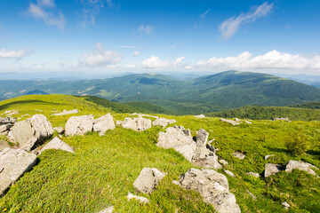 Wall Mural - green alpine hills and slopes in summer. landscape with stones and boulders among the grass under a 