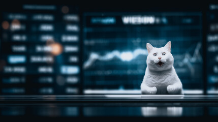 Poster - Financial Cat's Trading Sanctuary: The digital world converges, showing a bright cat situated against a backdrop of stock market displays, a symbol of luck.