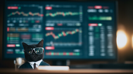 Poster - Cat Investor at Work: A sophisticated black cat, complete with glasses and a suit, intently analyzes the stock market charts displayed on a large monitor in a modern office setting.