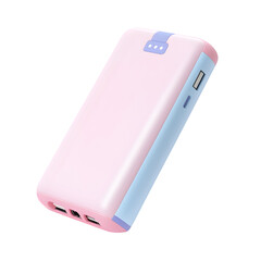 Poster - Pink and light blue portable battery pack, angled, showcasing its compact design and dual charging ports.  It is an electronic accessory for mobile devices.