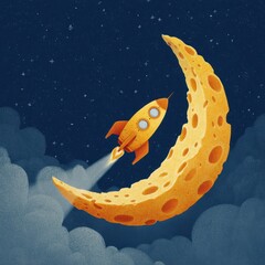 Wall Mural - A  colorful illustration of a rocket ship taking off from a slice of cheese moon.