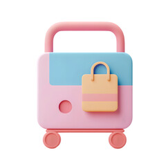 Poster - Digitally rendered, pastel-colored suitcase with a shopping bag attached, demonstrating a 3D design aesthetic for online shopping or travel.