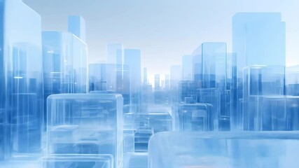 Poster - Abstract Blue Cityscape Rendered With Geometric Glass Structures Under Bright Sky Lighting