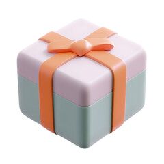 Poster - Stylized, three-dimensional gift box, presented in a pastel color scheme, featuring an orange ribbon and a simple design.