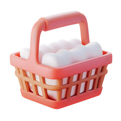 Poster - Light pink shopping basket with a handle, filled with abstract white objects, on a plain background.  It has a cartoonish, simplified design.