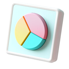Fototapete - 3D pie chart, divided into three pastel-colored segments, displayed on a light-blue square.  The graphic has a cartoonish, modern style.