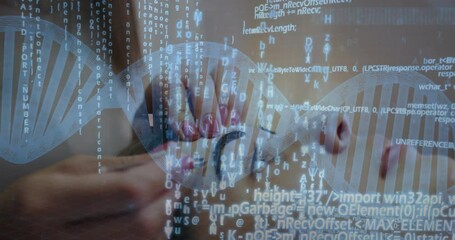 Poster - Woman tapping smartphone screen in biotech office, showing translucent DNA helix and code