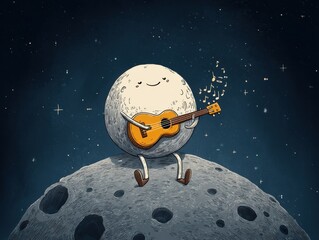 Wall Mural - Cartoon moon playing a ukulele in the night sky.