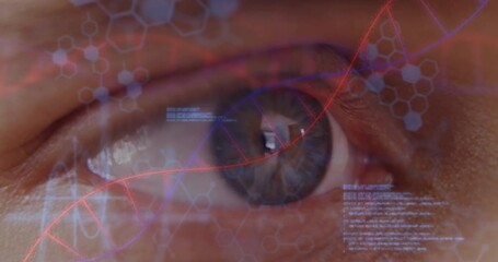 Poster - Biometric scan overlaying eye, featuring DNA helix graphic and hexagonal molecular patterns