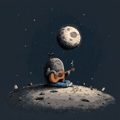 Wall Mural - A whimsical creature plays a guitar on the moonlit landscape.