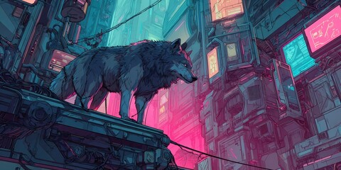 Poster - Cyberpunk cityscape featuring a lone wolf.