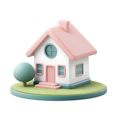 Poster - Three-dimensional rendering of a miniature, charming home, subtly colored and situated on a grassy base.  A small tree is positioned beside it.